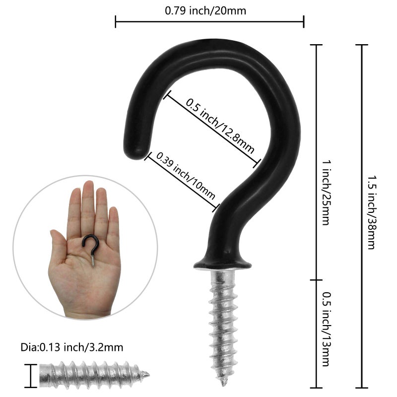 PHITUODA 50Pcs 1-Inch Cup Hooks Ceiling Hooks, Plastic-Covered Metal Screw-in Hooks, Black - Image 4